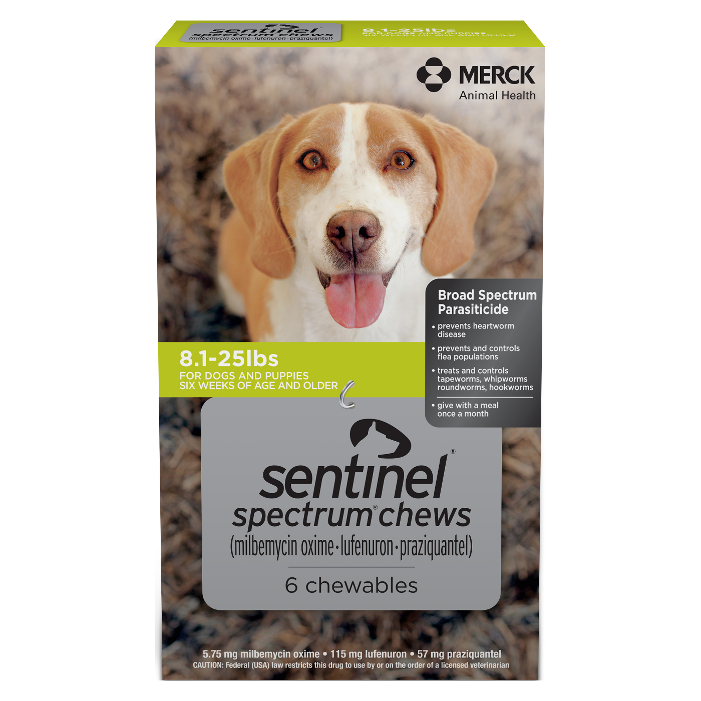 SENTINEL® SPECTRUM® CHEWS (milbemycin oxime/lufenuron/praziquantel) product box for dogs 8.1 lbs - 25 lbs