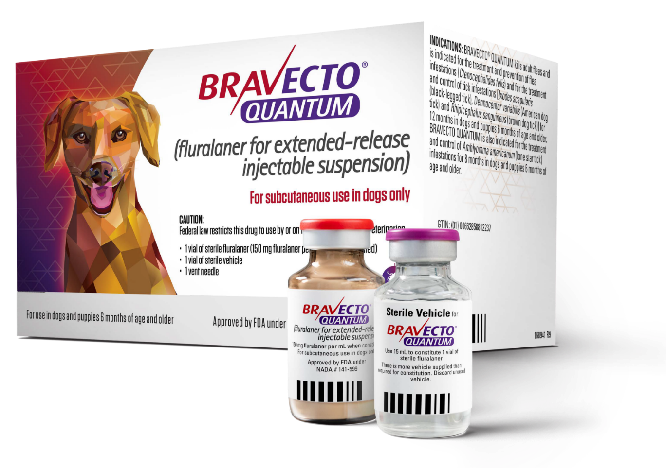 Bravecto Quantum product image. Package box and 2 vials
